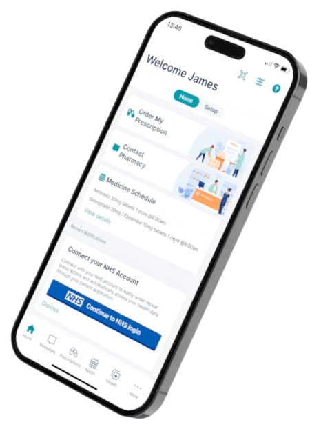 The app on a phone: order my prescription, medicine schedule, NHS login